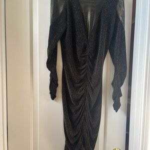 Mock neck gathered cocktail dress with sheer sleeves and neckline